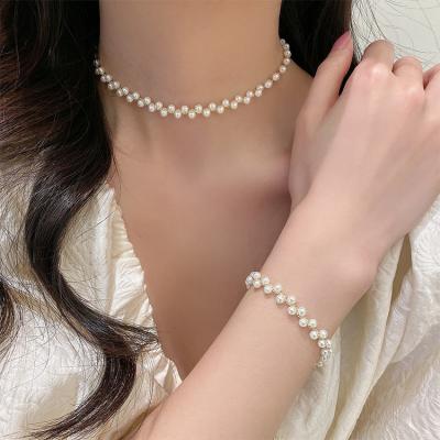 China Fashion TRENDY pearl bracelet braided necklace set clavicle chain necklace temperament jewelry for women for sale