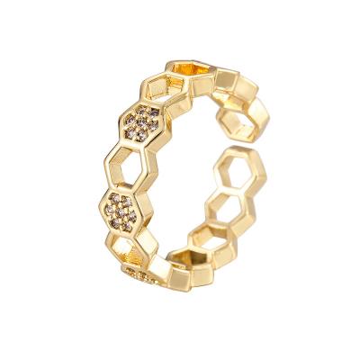 China Trendy Fashion Honeycomb Ladies Ring Versatile Simple Hollow Adjustable Hexagonal Opening Jewelry for sale