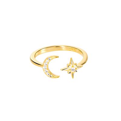 China TRENDY Trendy 925 Sterling Silver Thin Moon And Star Simple Jewelry 18k Gold Plated CZ Opening Adjustable Rings For Women for sale