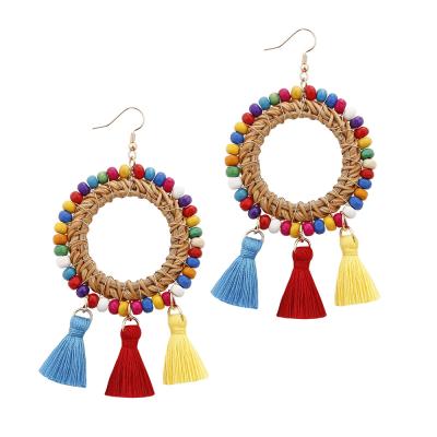 China BOHEMIA Macrame Cotton Bohemian Hand & Woven Tassel Earrings Large Circle Drop Earring Tassel Earrings for sale