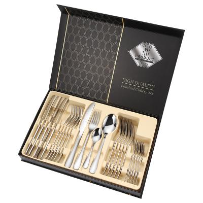 China Amazon Luxury 1010 Sustainable High Quality Mirror Polishing 24 Pcs Stainless Steel Gold Flatware Set Silverware With Gift Box Case Wholesale for sale