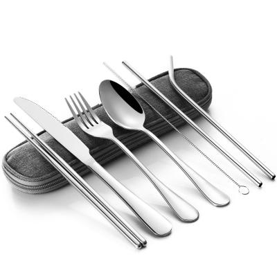 China Travel Camping Disposable Cutlery Set 8-Piece Knife Fork Spoon Chopsticks Cleaning Brush Straws Case Stianless Steel Flatware Flatware for sale