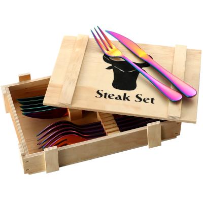 China 12 Piece Silverware Disposable Multicolor Steak Knives and Fork Set Serrated Dishwasher Safe Steak Dinner Fork Sets for sale