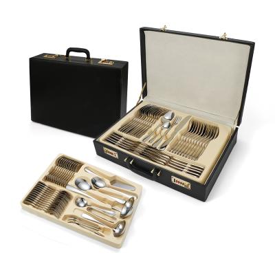 China Sustainable 72 PCS Rainbow Cutlery Set Cutlery Set Luxury Royal Wedding Cutlery Set Reusable Cutlery & Carry Suitcase for sale