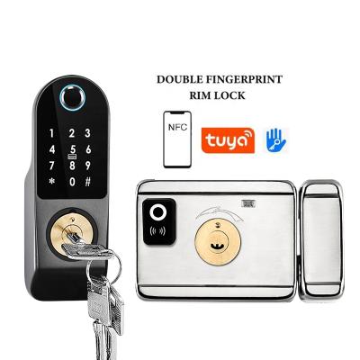 China Tuya/ttlock Zinc Alloy Waterproof Double Sided Fingerprint Unlock Smart App Rim Iron Door Lock For Door Gate for sale