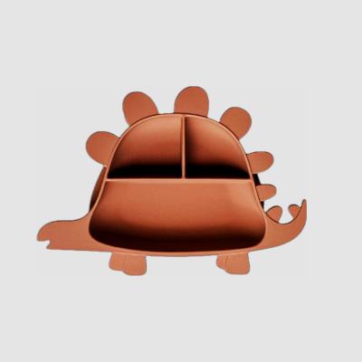 China Modern Kids Silicone Learning Dish With Suction Sute Stegosaurus Base Chestnut Brown for sale