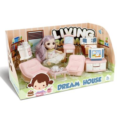 China New Girls Gift Cute Living Bath Dining Room Pretend Play Doll House Toys Set For Children 14.5*15*26.5 for sale