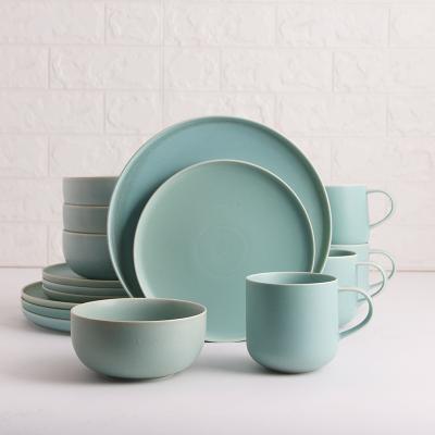 China Matte Light Green Tableware 16pcs Dinner Set Porcelain Dish Stocked Bowl Sets Ceramic Turkish Tableware for sale