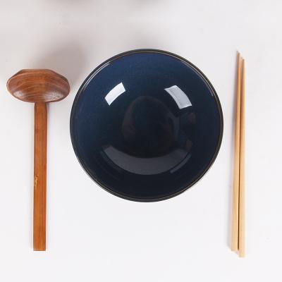 China Customized Porcelain Stocked Bowls Small Wooden Spoon Chopstick Ramen Japanese Restaurant Navy Blue Ceramic Bowl Set for sale