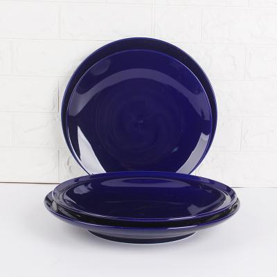 China Hot Selling Flat Plates Stocked Around Dishes Restaurant Deep Blue Hand Painted Ceramic Drop Shipping Ceramic Pie Dish for sale