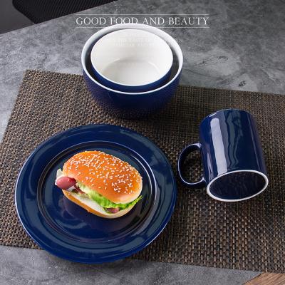 China Modern Stocked Gloss Dark Blue Color 4 Piece Set Round Dish And Bowls With Cup China Ceramic Fine Tableware for sale