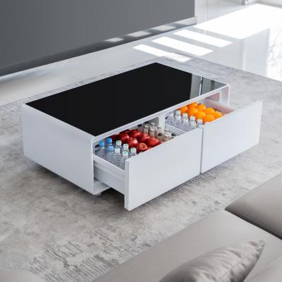 China Modern Design Style Coffee Table Tempered Glass Top with Freezer Drawer and Mini Fridge for sale