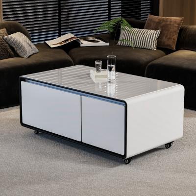 China Wireless Charging Modern Smart Coffee Table with Refrigerator and Tempered Glass Top for sale