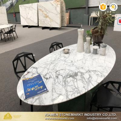 China Ect StoneMarkt Decoration Indoor Outdoor Stainless Steel Base Carrara Slab White Oval Marble Dining Table Top for sale