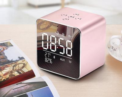 China Mini dual aux speakers. v9 mini alarm clock bt tf cubic with metal case time-temperature display for sale