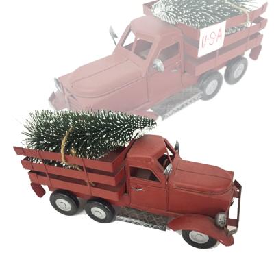 China Antique Hot Sale Metal Truck Model Christmas Decoration Red Metal Truck With Tree for sale
