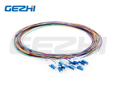 China 1m (3ft) LC UPC Fiber Optic Pigtail 12 Fibers OS2 Single Mode Unjacketed Color-Coded PVC (OFNR) 0.9mm for sale