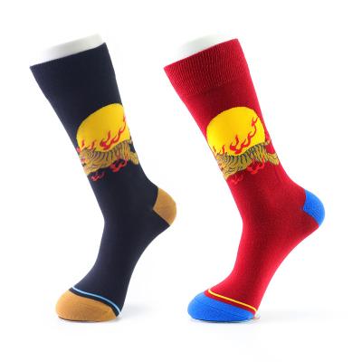 China QUICK DRY Funny Socks Custom Logo Design Tiger With Fire Sun Embroidery Jacquard Anti Bacterial Cotton Adult Tube Sports Crew Socks for sale