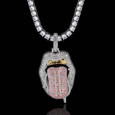 China Hiphop Micro Pave 3a Zircon CZ Iced Out Bling Women Girl Jewelry Tennis Dollar Lip Stainless Steel Chain Pendant Necklace for sale