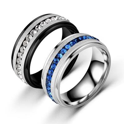 China New High Quality Stainless Steel Couples Ring Full Pave Cubic Zirconia Fashion Titanium Single Row Blue Diamond Men's Ring Jewelry for sale