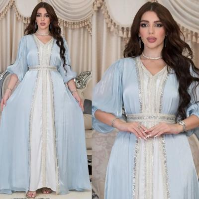 China 2023 Luxury Polyester Abaya Women Dress Muslim Light Dress With Rhinestones Abaya Bright Silk Satin Three Piece Set for sale