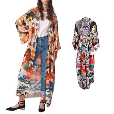 China Anti-wrinkle floral print robe women kimonos cardigan beach kimono long cover up ladies blouse for sale