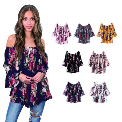 China Ladies Breathable Loose High Waist Floral Print One-Shoulder Casual Chiffon Tops for sale