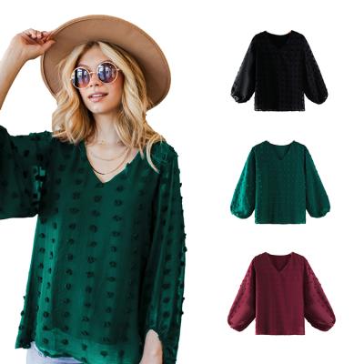 China Anti-wrinkle Newcomers Women Tops Summer V-Neck Puff Sleeve See Chiffon Ladies Blouses for sale