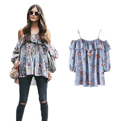 China Breathable Customized Off-The-Shoulder Printed Blouse Ruffles Tops Women Clothing Women's Shirt for sale