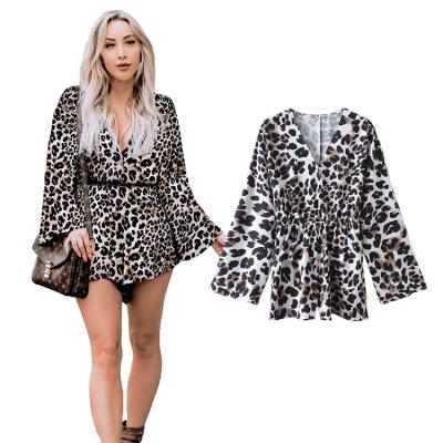 China QUICK DRY Leopard Print V-Neck Rompers Plus Size Overalls Long Sleeve Overalls Women for sale