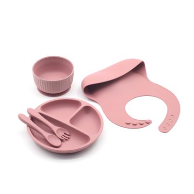 China Rose Pink Baby Tableware Feeding Stocked Set Silicone Bibs Silicone Bowl Dish Spoon Baby Feeding Set for sale