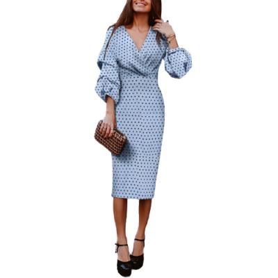 China New Spring Wave Washable Mid Length/V-Neck Summer Style Dot Lantern Hot Dress With Seven-Minute Sleeves for sale