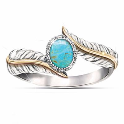 China Retro Vintage S925 Silver Finger Bohemian Jewelry For Women Men Oval Turquoise Feather Rings for sale