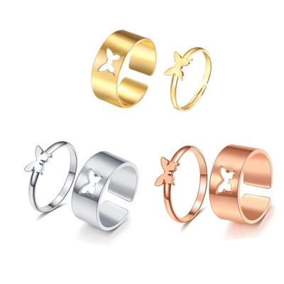 China Romantic Punk Thick Thin Heart Butterfly Jewelry Friendship Couples 2pc/set Opening Rings For Women for sale