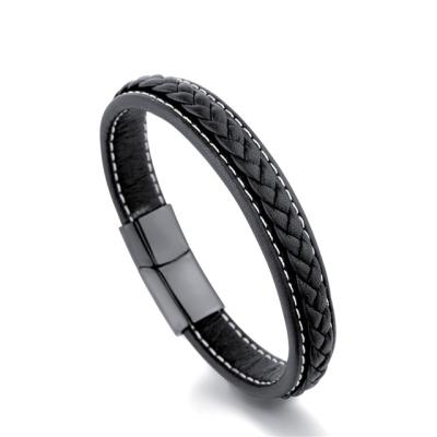 China Men Stainless Steel Buckle Charm Punk Rock Magnetic Bracelets Black Genuine Leather Wrap Bracelet for sale