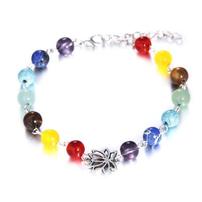 China Wholesale Cheap BOHEMIA Foot Chain Flower Charm Beach Silver Plated Natural Stone Beads 7 Chakra Bracelet for sale