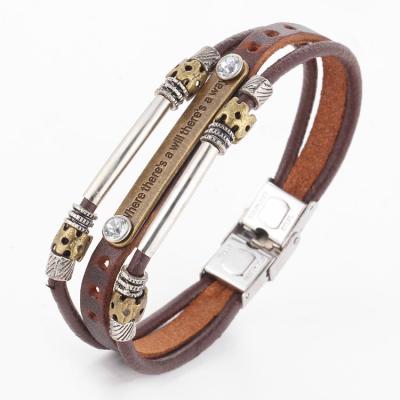 China Hot Selling Customized European Popular Fashionable Men's Multilayer Spirit Charms Brown Leather Wrap Clasp Bracelets Jewelry for sale