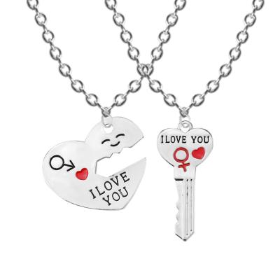 China 2pcs/set Charming Pendant I Lover Letters You Heart Charm Ring Silver Long Chain Pendant Necklaces Key Jewelry For Women Girls for sale