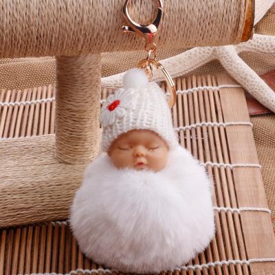 China OEM 2021 New Cute Baby Sleep Fluffy Pompom Plush Doll During Ring Keychain /key ring pendant key sleep baby - doll key chain HOT for sale