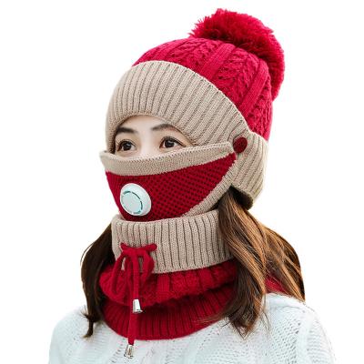 China COMMON 3 Piece Set Women Knitted Hat Scarf Covers Neck Warmer Winter Hat For Women Girls Ladies Skullies Fleece Warm Hats for sale