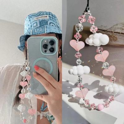 China BEAD Pink Crystal Heart Phone Chains Girls Mobile Phone Charm Strap Sweet Cloud Pendant Phone Case Hanging Lanyard Accessories for sale