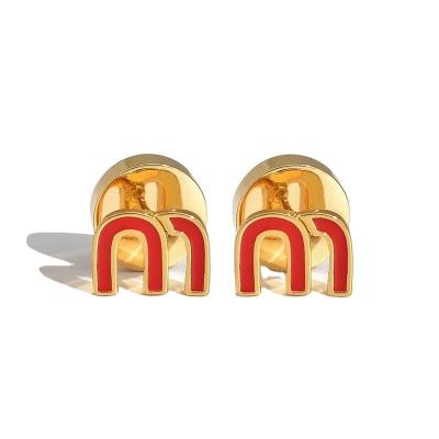 China TRENDY Red Blue Letter M Stud Earrings for Women Gold Color Copper Dripping Enamel Earrings Small Studs Luxury Earstud Trendy Jewelry for sale