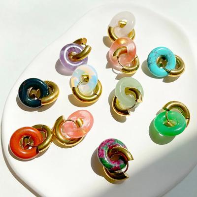 China TRENDY New Design Colorful Donuts Hoop Earrings Natural Stone Earring for Women Pierced Stainless Steel Hoops Bohemian Jewelry for sale