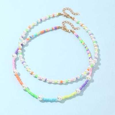 China 2022 New Fashion BOHEMIA XUFANG 2022 New Fashion 2pcs Necklaces Kids Bohemian Rice Beads Single Bead Clavicle Beaded Chain for sale