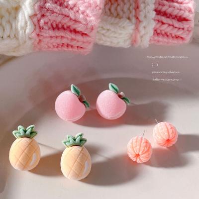 China XUFANG New Fashion Children's Wholesale Cute Silver Needle Cute Earrings Juicy Peach Cartoon Fresh Flocking Astronaut Fruit Fruit Earrings For Girls for sale