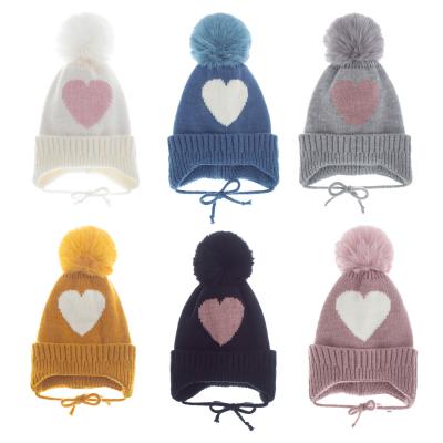 China XUFANG JOINT Newcomer In Fall And Winter Kids Heart Earflap Running Hats Plus Wool Velvet Pom Pom Knitted Winter Hats For Kids for sale