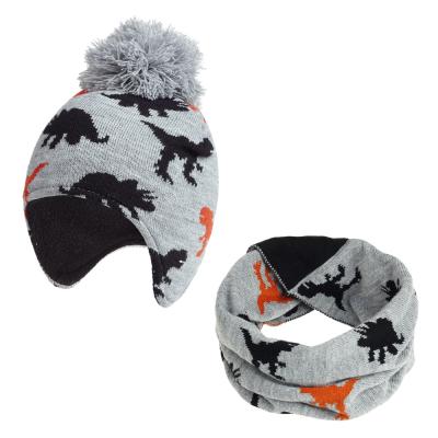 China XUFANG New Arrival Winter Fashion Warm Earflap Pom Pom Knitted Beanies Caps Scarf Set Commoner Jacquard Velvet Dinosaur Cartoon Hats for sale