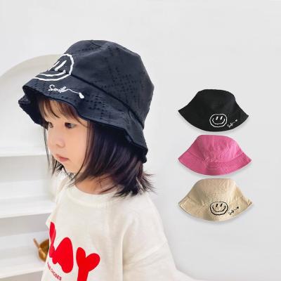 China XUFANG New Autumn Fashion Solid Color Smiley Children's Hats Embroidered Winter Hats Kids Sunshade Bucket Hats for sale