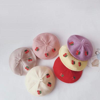 China New Fashion Image XUFANG Kids Winter Sales Hot Cartoon Hat Cartoon Cherry Embroidered Beret Kids Winter Knitted Berets for sale