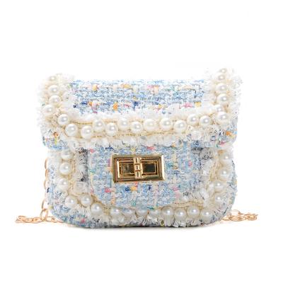 China Fashion XUFANG 2021 New Design Girls Coin Purses Fashion Pearl Canvas Girls Shoulder Mini Kids Chain Purse and Handbags for sale